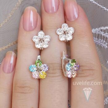 Серебряные серьги с фианитами Цветочки